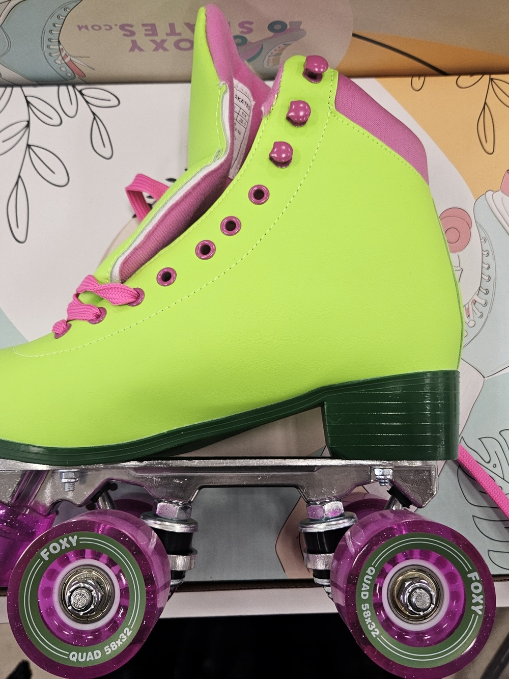 Neon Lime & Hot Pink Roller Skate with Purple Wheels